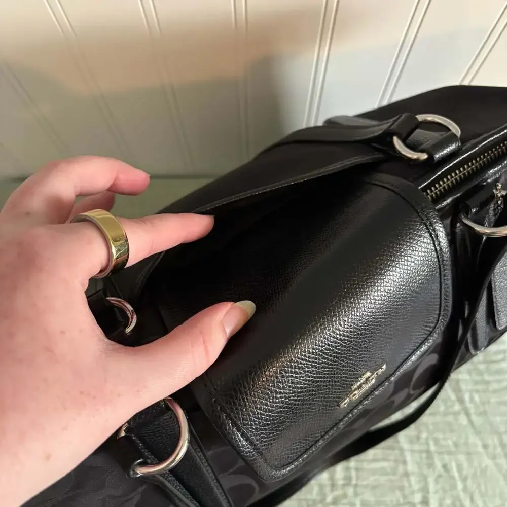 Coach Black Signature C Nylon Tote with Leather Trim and Flap Pocket